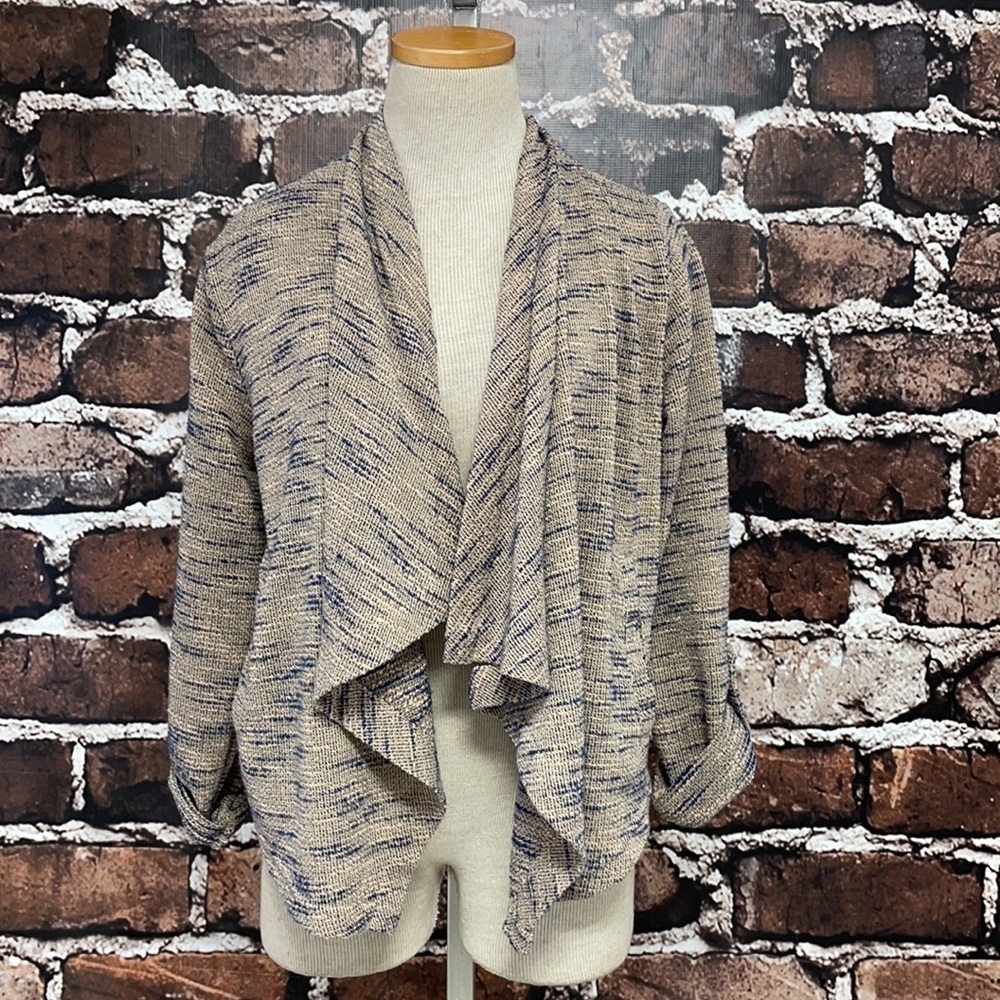 Jack BB Dakota Sweater Knit Brown Blue Pockets Roll Tab Sleeve Medium - Picture 2 of 11
